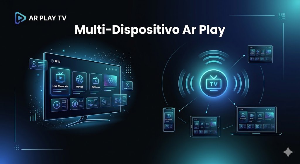 Use o IPTV em Smart TV, celular, computador, TV Box, tablet e Fire TV com acesso em vários dispositivos.